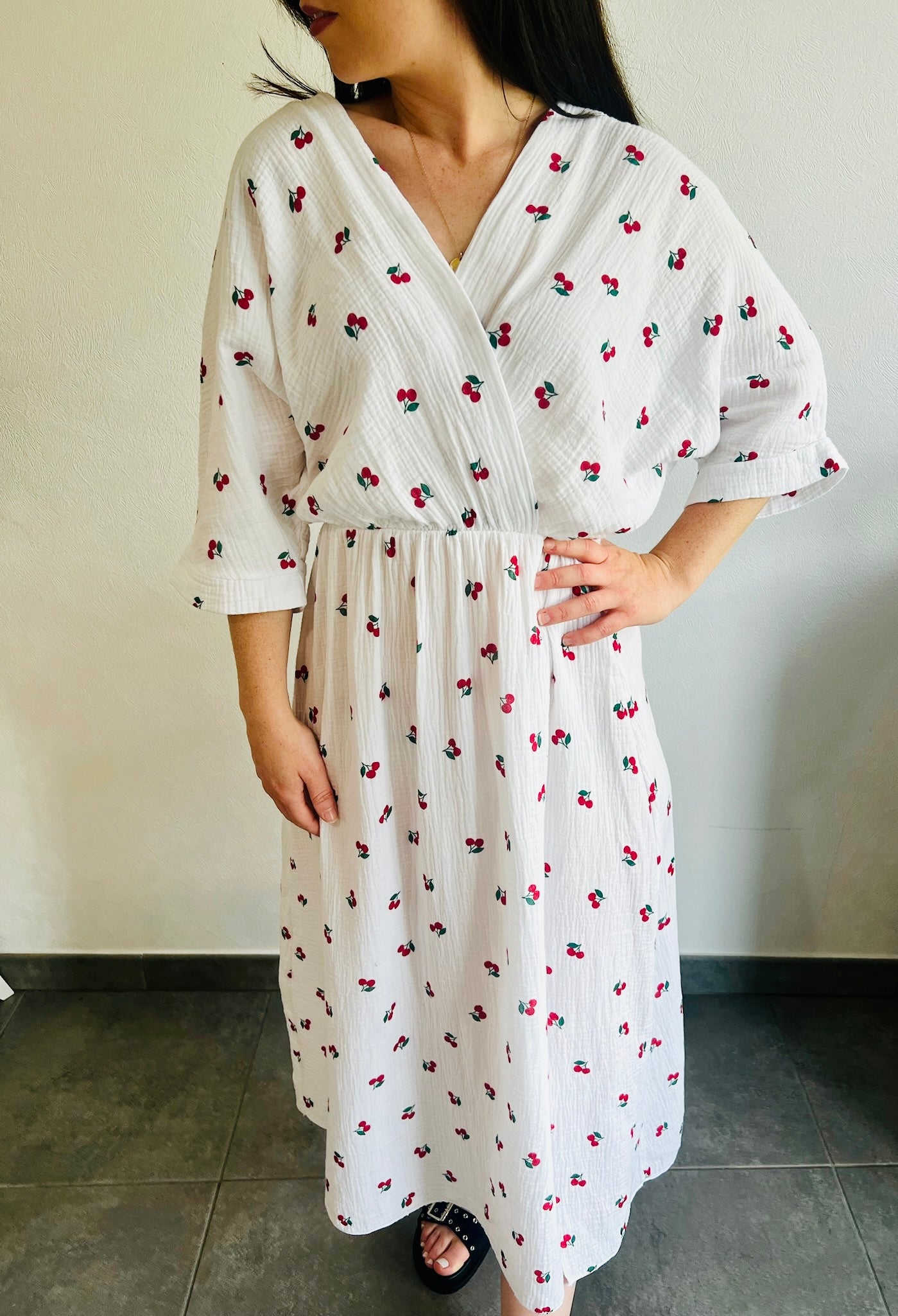 Robe longue en gaze de coton Cerise