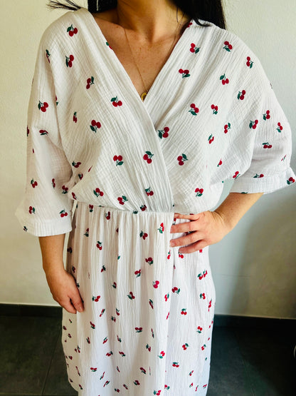 Robe longue en gaze de coton Cerise